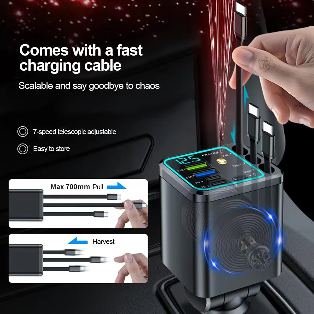 Carregador Veicular 5 em 1 (Máx. 66W) com Cabo Retrátil, PD 30W + 2,4A, Display de Voltagem e Carregamento Super-Rápido de 22,5W para iPhone e Android