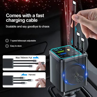 Carregador Veicular 5 em 1 (Máx. 66W) com Cabo Retrátil, PD 30W + 2,4A, Display de Voltagem e Carregamento Super-Rápido de 22,5W para iPhone e Android