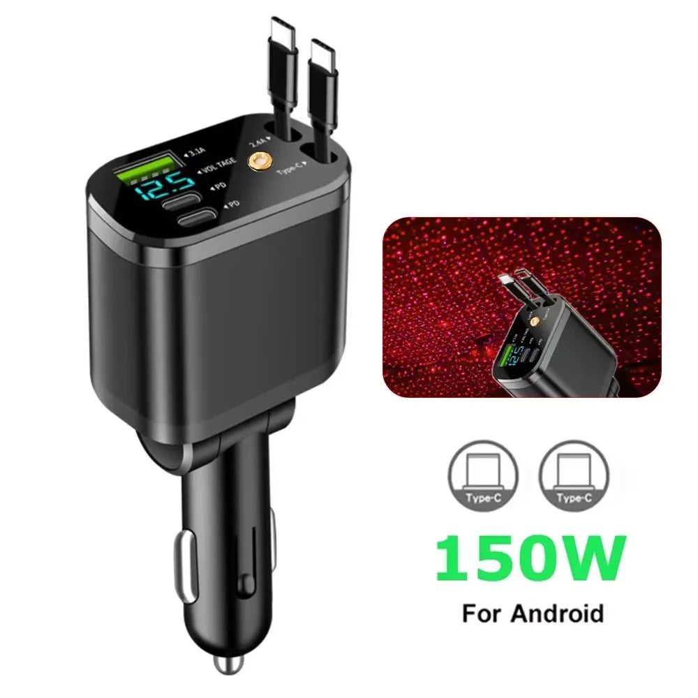 Carregador Veicular 5 em 1 (Máx. 66W) com Cabo Retrátil, PD 30W + 2,4A, Display de Voltagem e Carregamento Super-Rápido de 22,5W para iPhone e Android