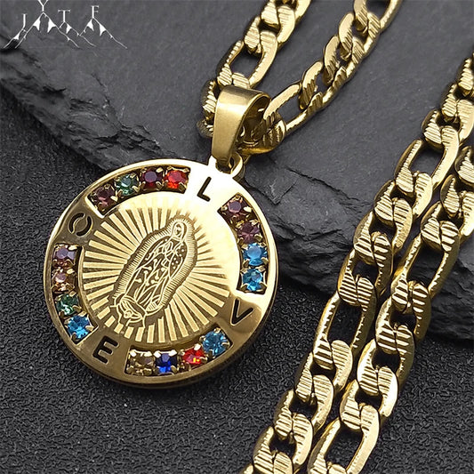 Colar de Cristal JYTF Colorido Amor e Proteção da Mãe Virgem Maria // Mulheres / Homens // Aço Inoxidável / Cor Dourada // Nossa Senhora de Guadalupe // Colares Jóias N8389S05