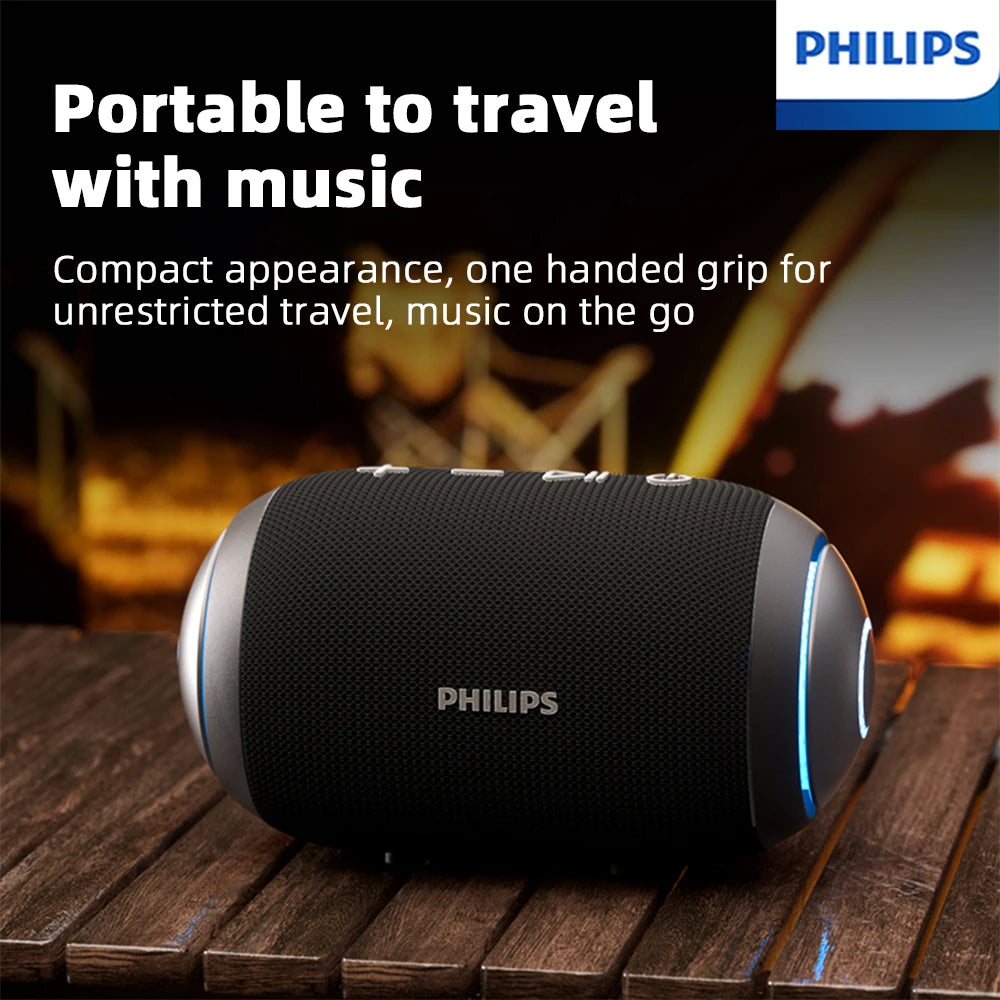 Caixa de Som Portátil Sem Fio Philips TAS3209 p/ Uso Externo // Com Iluminação Colorida // Bateria de 1800mAh e Som Incrível p/ Acampamentos