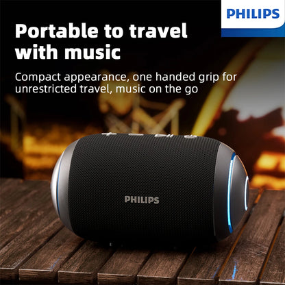 Caixa de Som Portátil Sem Fio Philips TAS3209 p/ Uso Externo // Com Iluminação Colorida // Bateria de 1800mAh e Som Incrível p/ Acampamentos