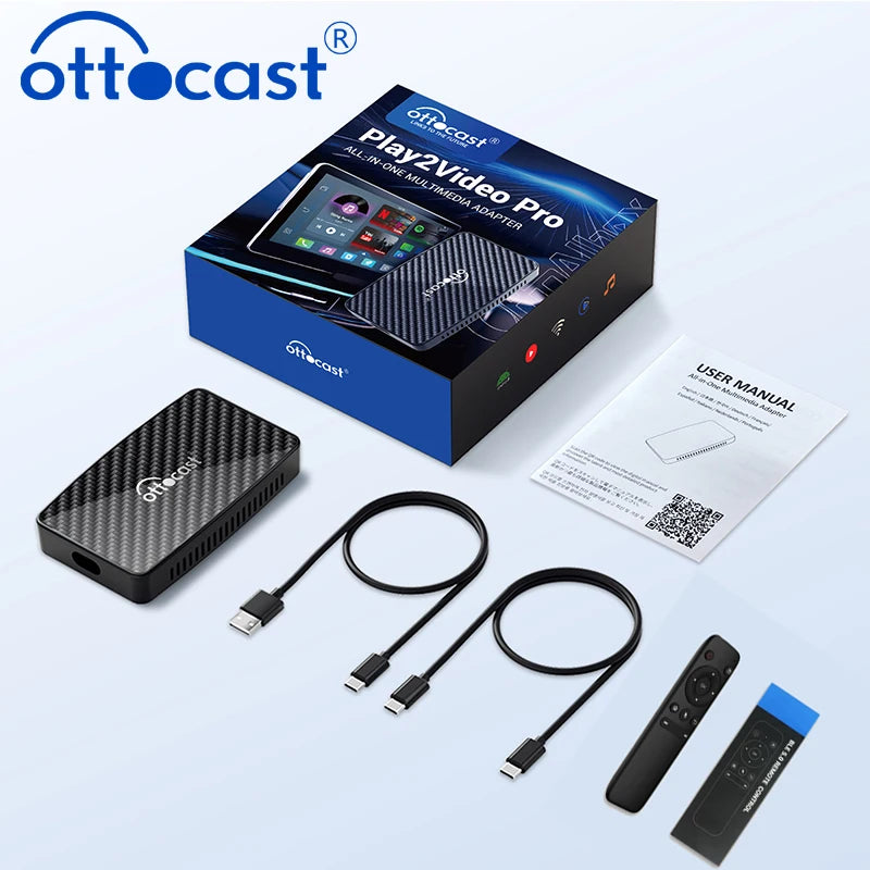 OTTOCAST Play2Video Pro Android Ai Box Pro // Com YouTube, Netflix e TikTok Integrados // IPTV, Conexão com Fio para Sem Fio e CarPlay // Acessórios p/ Carro.