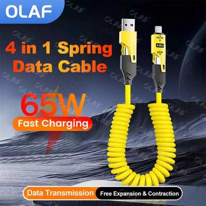 Cabo Espiral 4 em 1 c/ Carregamento Rápido PD (27W/65W) // USB Tipo C para Tipo C e Lightning // Para iPhone 15/16, Samsung e Xiaomi