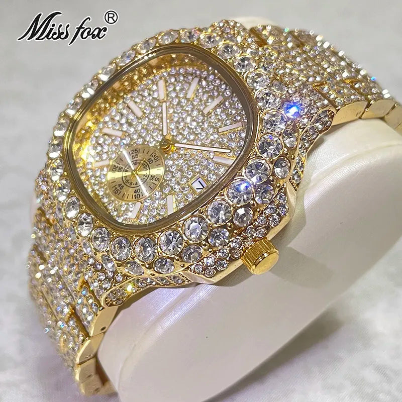 Relógios Masculinos MISSFOX de Luxo Completo / Diamante / 18k ouro // Hip hop Moda Gelado // Relógio Automático de Aço à Prova d'água Masculino c/ data