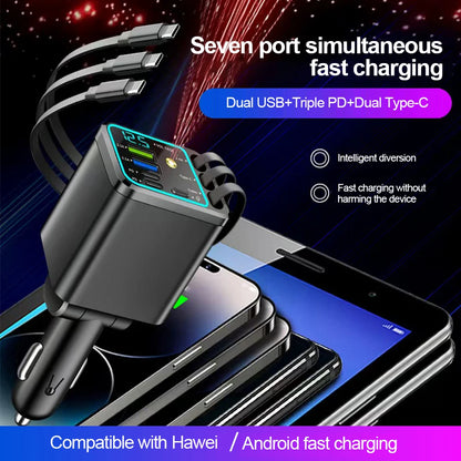 Carregador Veicular 5 em 1 (Máx. 66W) com Cabo Retrátil, PD 30W + 2,4A, Display de Voltagem e Carregamento Super-Rápido de 22,5W para iPhone e Android