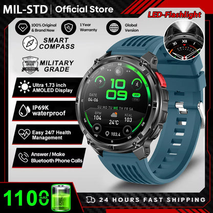 Novo Smartwatch Masculino AMOLED de 1100mAh (2026) // Com mais de 170 Recursos p/ Esportes e fitnessM // Lanterna LED // Classificação IP69 de Resistência à Água // Chamadas Bluetooth e GPS // Compatível com iOS.