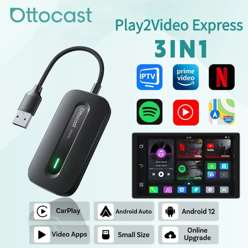 Adaptador OTTOCAST Play2Video Express Wireless // CarPlay Android Auto para Youtube, Netflix p/ Volvo Chevrolet VW CarAccessory