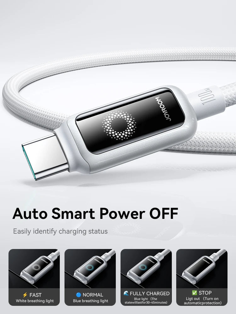 Cabo USB-C Joyroom de 100 W // Com Desligamento Automático e Carregamento Rápido // Compatível com iPhone 16, 15 Pro Max, Xiaomi, Samsung e Huawei.