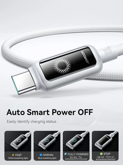Cabo USB-C Joyroom de 100 W // Com Desligamento Automático e Carregamento Rápido // Compatível com iPhone 16, 15 Pro Max, Xiaomi, Samsung e Huawei.