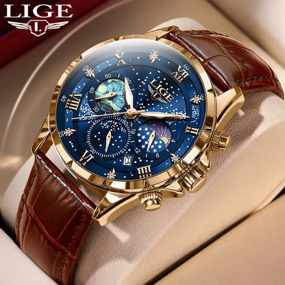 Relógio Casual LIGE Sport Watch Masculino // Luxo À Prova D 'Água // Data Luminosa / Cronógrafo // Relógio de Quartzo c/ Pulseira de Couro