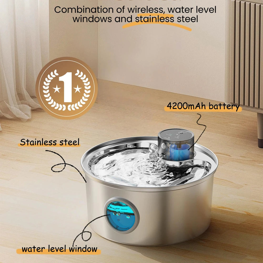 Fonte de Água Automática e Recarregável p/ Pets (Cães e Gatos) // Aço Inoxidável, 3,2 L (108 oz), Sem Fio, 5V, c/ Sensor de Movimento