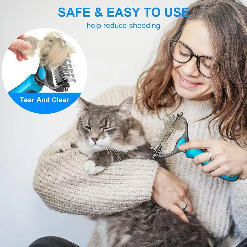 Escova 2 em 1 de Aço Inoxidável p/ Remoção de Pelos de Animais de Estimação // Removedor de Pelos de Cães e Gatos // Cortador de Nós de Pelos // Pente e Escova p/ Filhotes e gatos p/ Higiene e Remoção de Pelos Soltos.