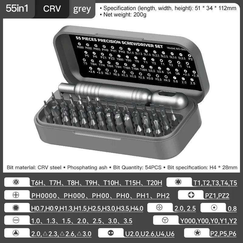 Mini Kit de Chaves de Fenda de Precisão 55 em 1 com Pontas Magnéticas Phillips // Conjunto Multifuncional de Ferramentas Manuais p/ Reparo de Celulares, Relógios, Óculos e PCs