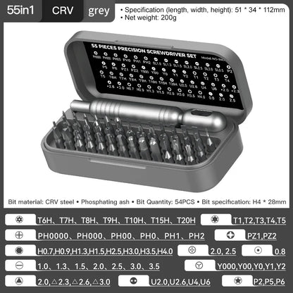 Mini Kit de Chaves de Fenda de Precisão 55 em 1 com Pontas Magnéticas Phillips // Conjunto Multifuncional de Ferramentas Manuais p/ Reparo de Celulares, Relógios, Óculos e PCs