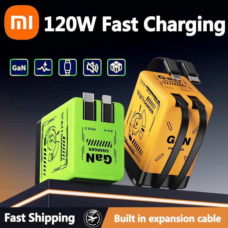 Carregador Ultrarrápido Xiaomi GaN120W c/ Cabo Lightning Tipo C Retrátil // Com Adaptador de Carregamento Rápido p/ IPhone 16,/ iPad / Samsung e Huawei