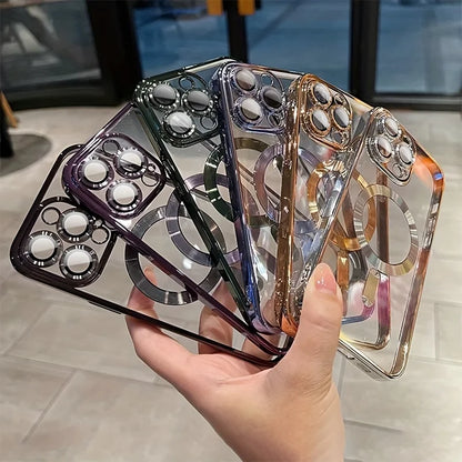 Capa Transparente de Luxo c/ Revestimento Magnético p Carregamento s/ Fio MagSafe para iPhone 16, Plus.