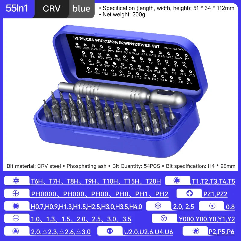 Mini Kit de Chaves de Fenda de Precisão 55 em 1 com Pontas Magnéticas Phillips // Conjunto Multifuncional de Ferramentas Manuais p/ Reparo de Celulares, Relógios, Óculos e PCs