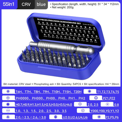 Mini Kit de Chaves de Fenda de Precisão 55 em 1 com Pontas Magnéticas Phillips // Conjunto Multifuncional de Ferramentas Manuais p/ Reparo de Celulares, Relógios, Óculos e PCs