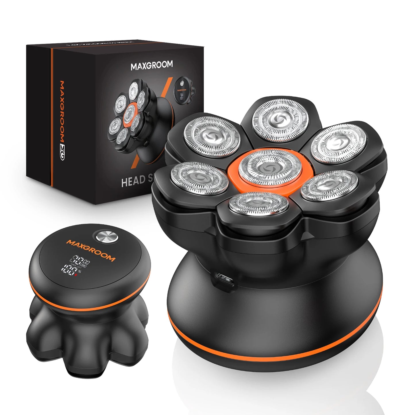 Aparador de Cabelo Elétrico MAXGROOM 7D p/ Homens Carecas // Para uso Seco e Molhado // Recarregável via USB // Com Visor LED e à Prova d'Agua.