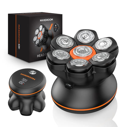 Aparador de Cabelo Elétrico MAXGROOM 7D p/ Homens Carecas // Para uso Seco e Molhado // Recarregável via USB // Com Visor LED e à Prova d'Agua.
