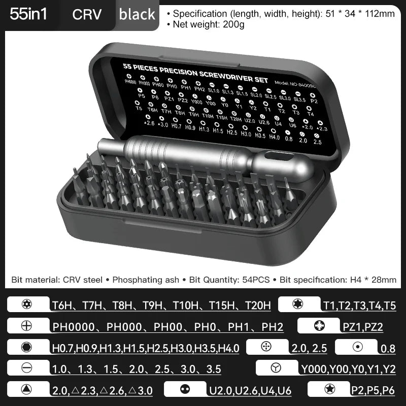 Mini Kit de Chaves de Fenda de Precisão 55 em 1 com Pontas Magnéticas Phillips // Conjunto Multifuncional de Ferramentas Manuais p/ Reparo de Celulares, Relógios, Óculos e PCs