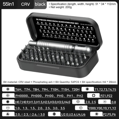Mini Kit de Chaves de Fenda de Precisão 55 em 1 com Pontas Magnéticas Phillips // Conjunto Multifuncional de Ferramentas Manuais p/ Reparo de Celulares, Relógios, Óculos e PCs