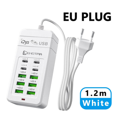 Carregador USB Rápido c/ Múltiplas Tomadas (UE) // Cabo de Extensão de 1,2 m c/ 6 Portas USB-A e 4 USB-C // Portátil p/ Celulares e Tomadas USB.