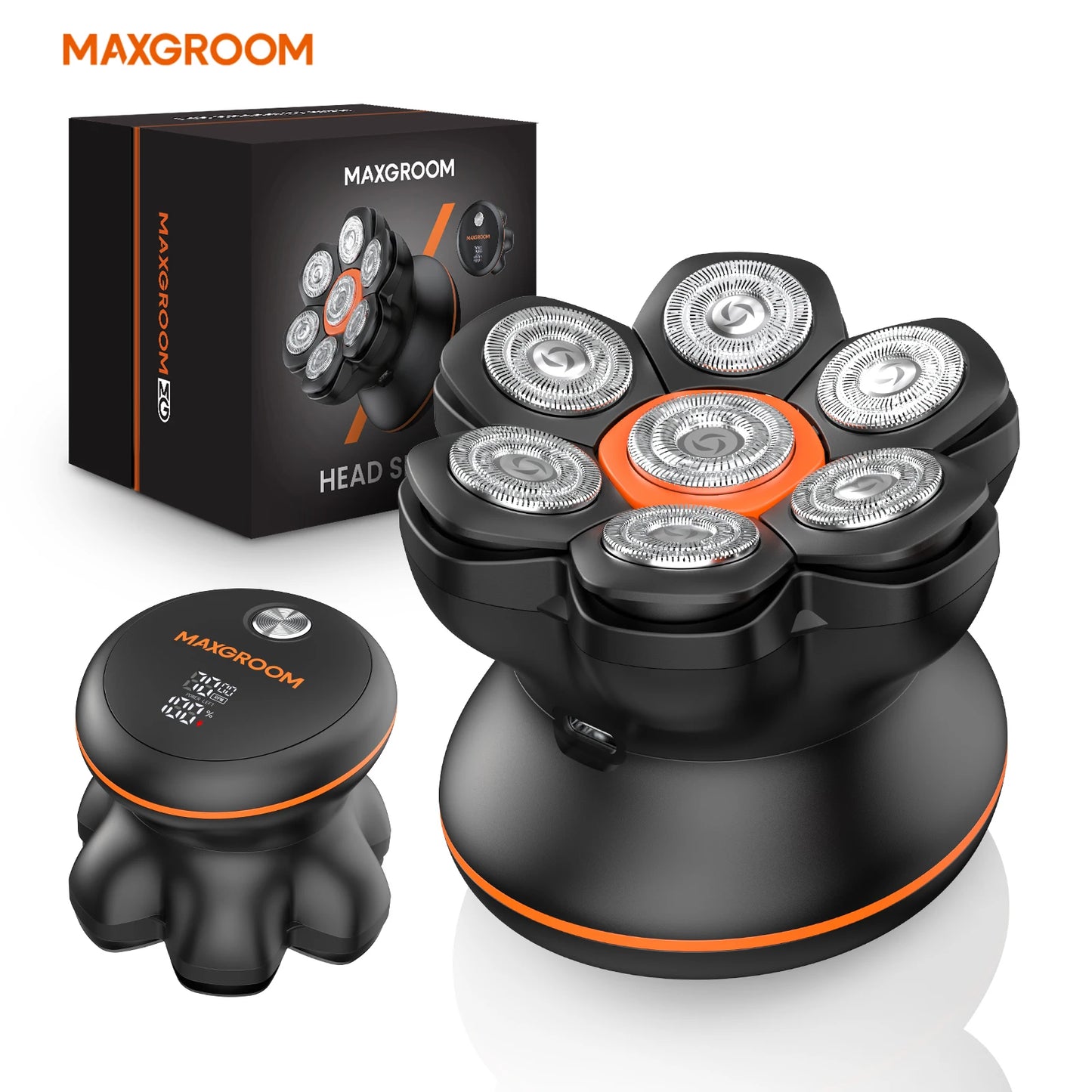 Aparador de Cabelo Elétrico MAXGROOM 7D p/ Homens Carecas // Para uso Seco e Molhado // Recarregável via USB // Com Visor LED e à Prova d'Agua.