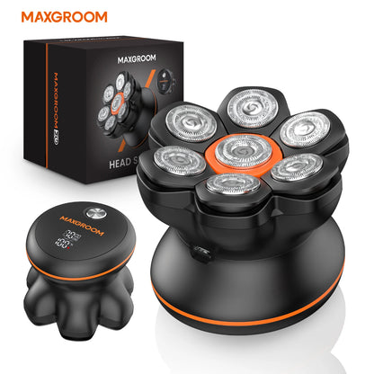 Aparador de Cabelo Elétrico MAXGROOM 7D p/ Homens Carecas // Para uso Seco e Molhado // Recarregável via USB // Com Visor LED e à Prova d'Agua.