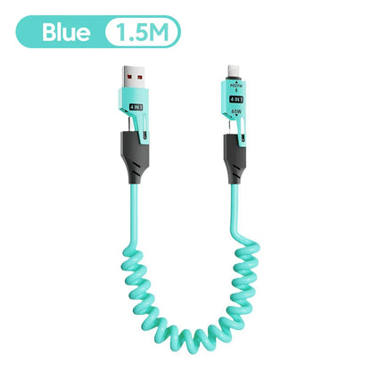 Cabo Espiral 4 em 1 c/ Carregamento Rápido PD (27W/65W) // USB Tipo C para Tipo C e Lightning // Para iPhone 15/16, Samsung e Xiaomi