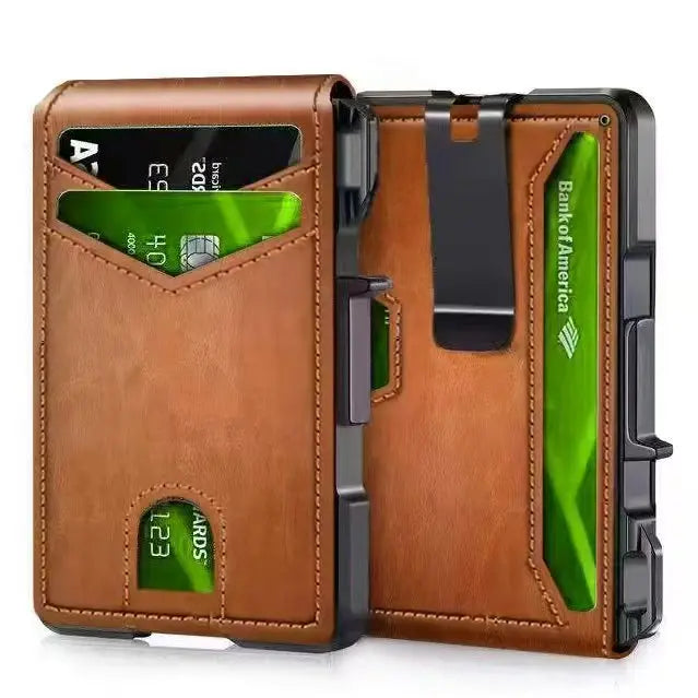 Carteira Masculina c/ Bloqueio RFID | Porta-cartões Minimalista // Fino e Inteligente c/ Abertura Automática // Carteira Metálica p/ Cartões de Crédito c/ Clipe p/ Dinheiro.