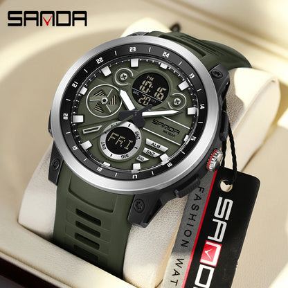 SANDA 3379 Relógio Eletrônico Masculino de Luxo c/ Display Duplo // Esportivo // Multifuncional // À Prova d'Água, LED // Relógio Eletrônico Masculino