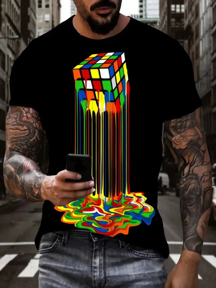 Camiseta Masculina de Verão Criativa // Com Gola Redonda e Manga Curta // Estampa de Cubo Mágico Derretendo // Modelo Casual e Moderno // Ideal p/ Atividades ao Ar Livre.
