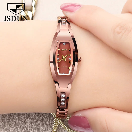 Relógios Femininos de Marca de Luxo JSDUN // Pulseira de Aço de Tungstênio // Relógio de Quartzo Original c/ Diamantes