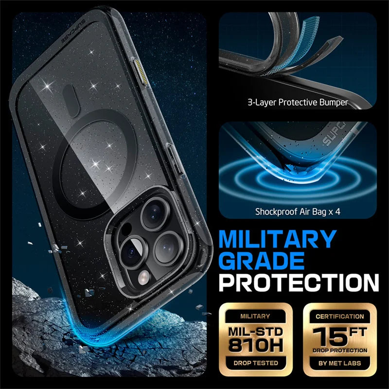 Capa SUPCASE para iPhone 16 Pro Max com botão de controle da câmera, design fino e resistente a impactos, com ímãs.