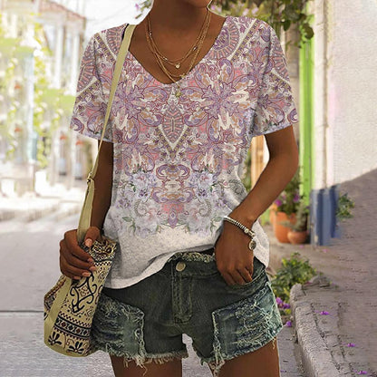 Nova Blusa Feminina Estampada Floral // Moda Boêmio Manga Curta // Lindas Blusinhas Pulôver Solto com Decote em V Harajuku Streetwear Verão. Você na Moda Sempre!!!