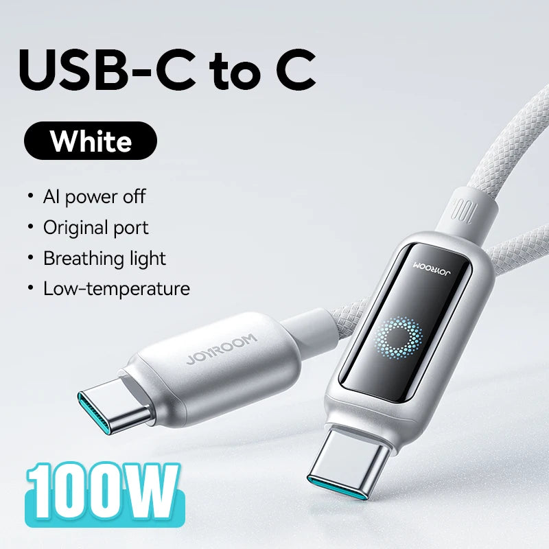 Cabo USB-C Joyroom de 100 W // Com Desligamento Automático e Carregamento Rápido // Compatível com iPhone 16, 15 Pro Max, Xiaomi, Samsung e Huawei.