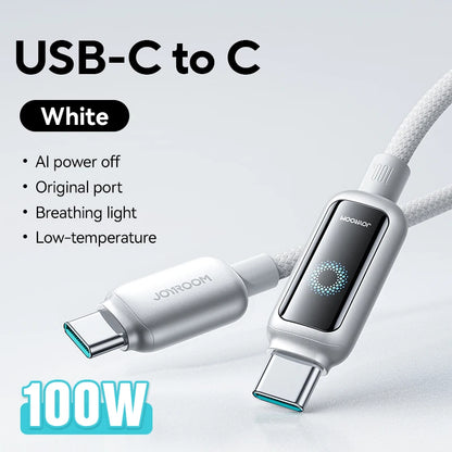 Cabo USB-C Joyroom de 100 W // Com Desligamento Automático e Carregamento Rápido // Compatível com iPhone 16, 15 Pro Max, Xiaomi, Samsung e Huawei.