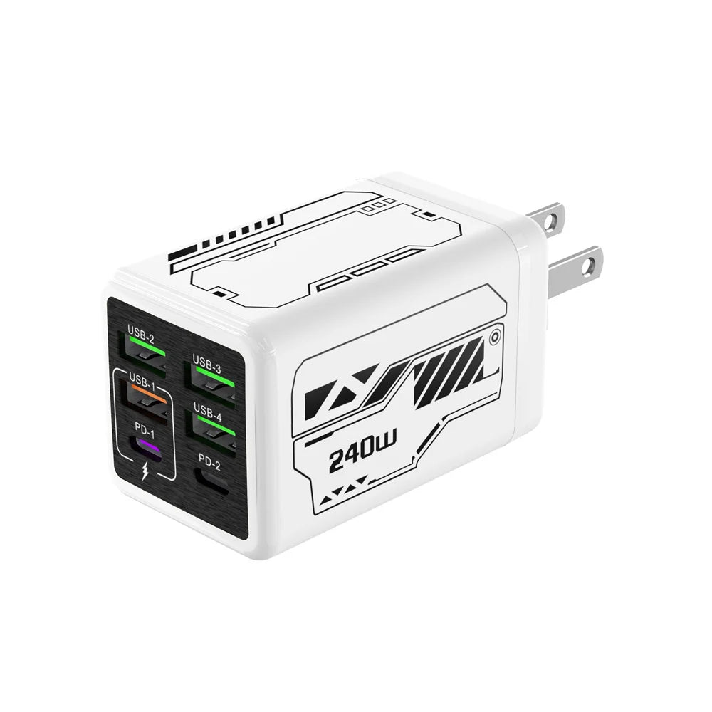 Carregador 6 em 1 de 240 W c/ Carregamento Rápido PD // Compatível c/ IPhone, Samsung e Xiaomi // Com Plugues UE/EUA.