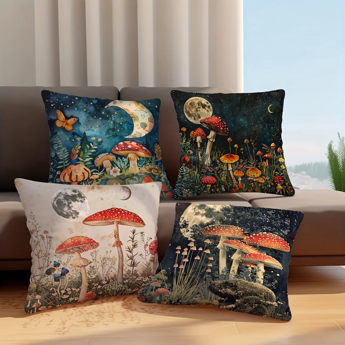 Capa de Almofada Quadrada 4 Tamanhos // Com Estampas de Cogumelo e Flor // Para Decoração de Sala de Estar/Sofá.