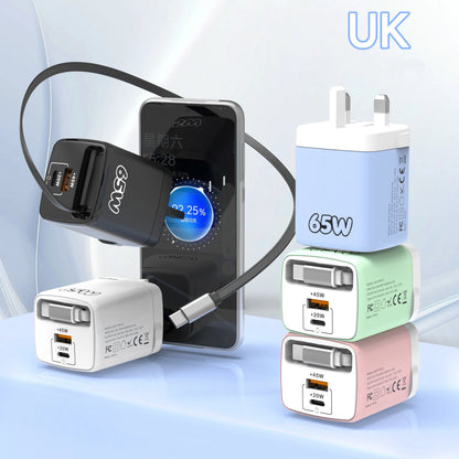 Carregador de Parede USB-C PD de 65W com Cabo USB-C Retrátil e Quick Charge 3.0 // Para iPhone 17 Pro, Samsung e Xiaomi // Padrões UE