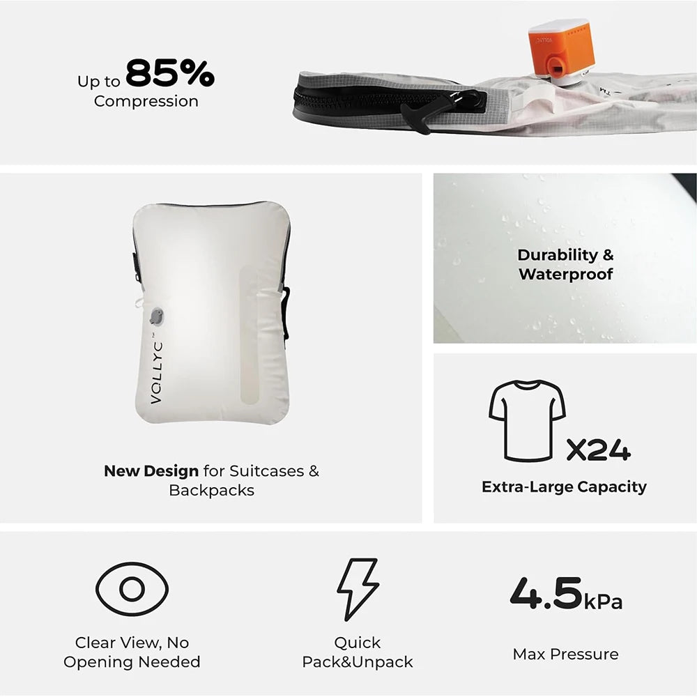Saco de armazenamento a vácuo de 25L FLEXTAIL X VOLLYC EZYPACK // Saco Reutilizável p/ Guardar Roupas // Mochila de Viagem // Compressão de 85%.