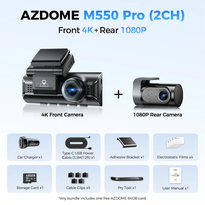 Câmera Veicular AZDOME M550 Pro (Versão Aprimorada) // 4K Frontal, Wi-Fi 5,8 GHz, GPS, Sensor G, Visão Noturna IR e Monitoramento de Estacionamento