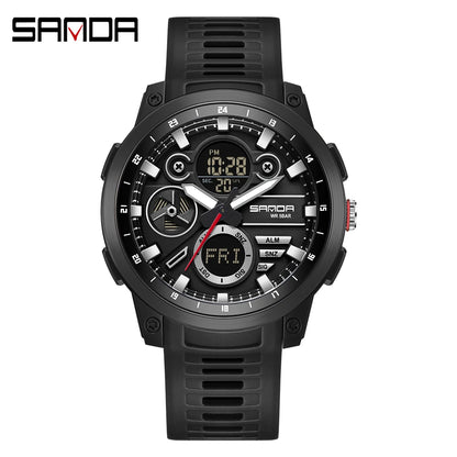 SANDA 3379 Relógio Eletrônico Masculino de Luxo c/ Display Duplo // Esportivo // Multifuncional // À Prova d'Água, LED // Relógio Eletrônico Masculino