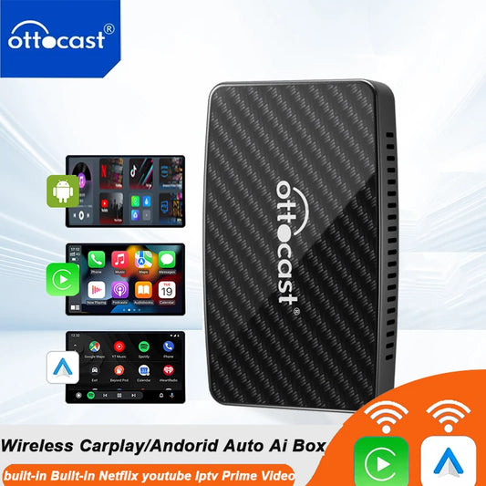 OTTOCAST Play2Video Pro Android Ai Box Pro // Com YouTube, Netflix e TikTok Integrados // IPTV, Conexão com Fio para Sem Fio e CarPlay // Acessórios p/ Carro.
