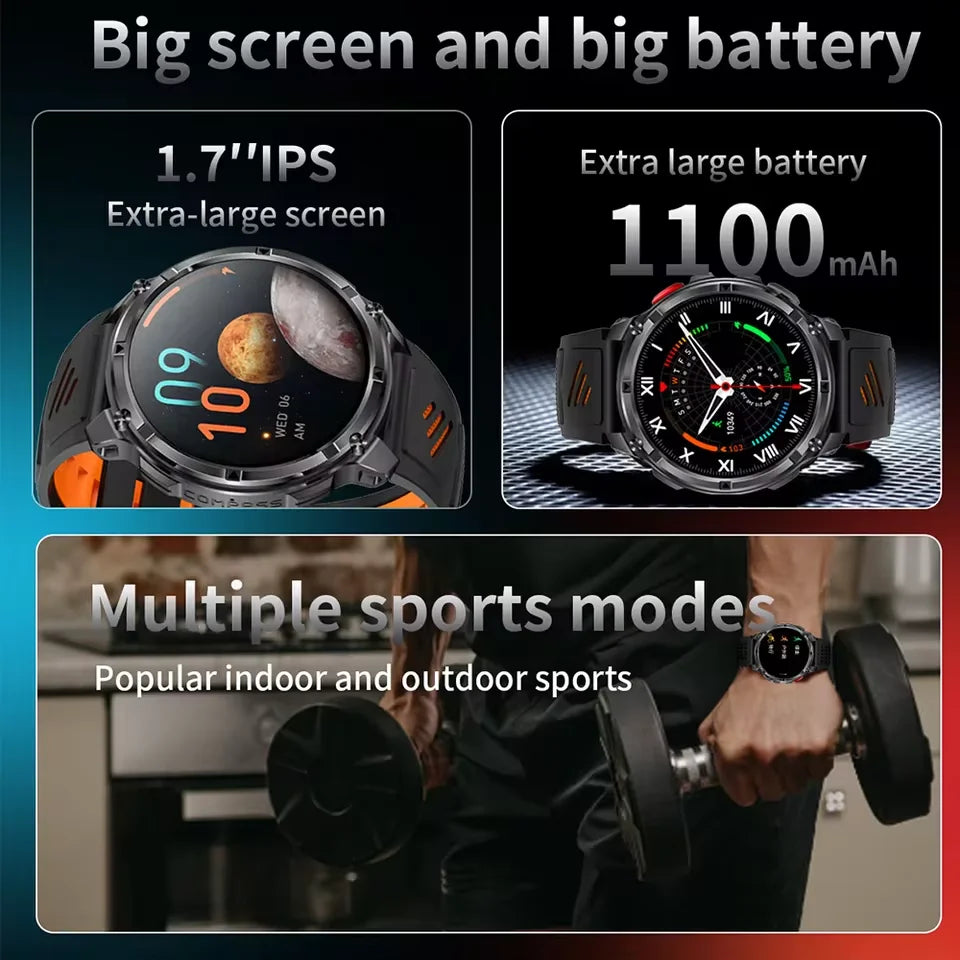 Novo Smartwatch Masculino AMOLED de 1100mAh (2026) // Com mais de 170 Recursos p/ Esportes e fitnessM // Lanterna LED // Classificação IP69 de Resistência à Água // Chamadas Bluetooth e GPS // Compatível com iOS.