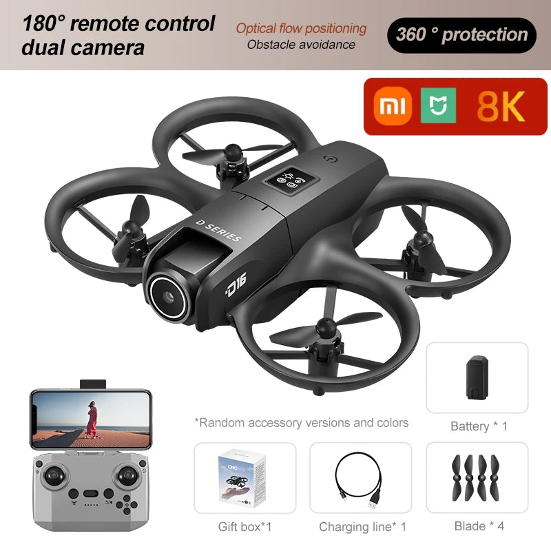 Mini Drone Xiaomi D16 c/ Câmera HD 8K Ajustável de 180° e WiFi c/ Fluxo de Luz // Drone de Bolso c/ Sensor p Evitar Obstáculos // Quadricóptero RC