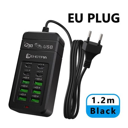 Carregador USB Rápido c/ Múltiplas Tomadas (UE) // Cabo de Extensão de 1,2 m c/ 6 Portas USB-A e 4 USB-C // Portátil p/ Celulares e Tomadas USB.