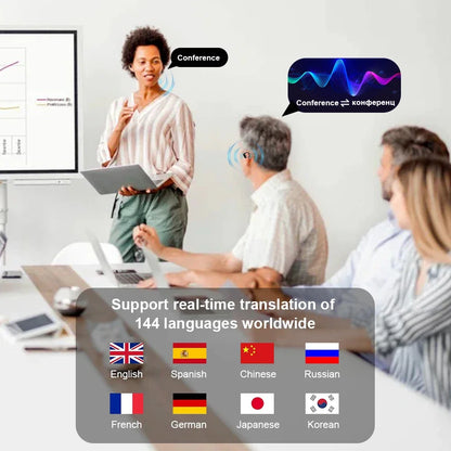 Fones de Ouvido c/ Tradução por IA 3 em 1 // 144 idiomas // Cancelamento de Ruído // Bluetooth 5.3 // Tradução Instantânea // Voz Inteligente em Tempo Real.